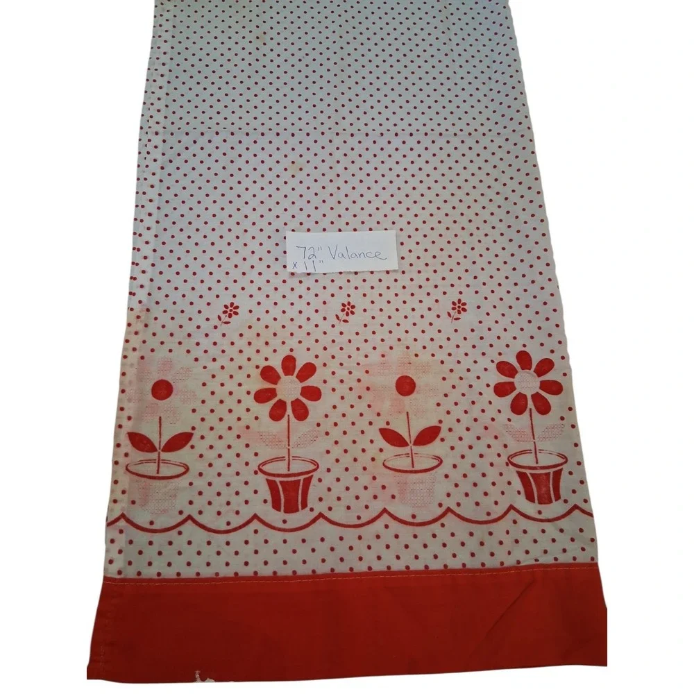 Vtg Cafe Curtains & Kitchen Valance Set Red White Polka Dot Flower Decor READ